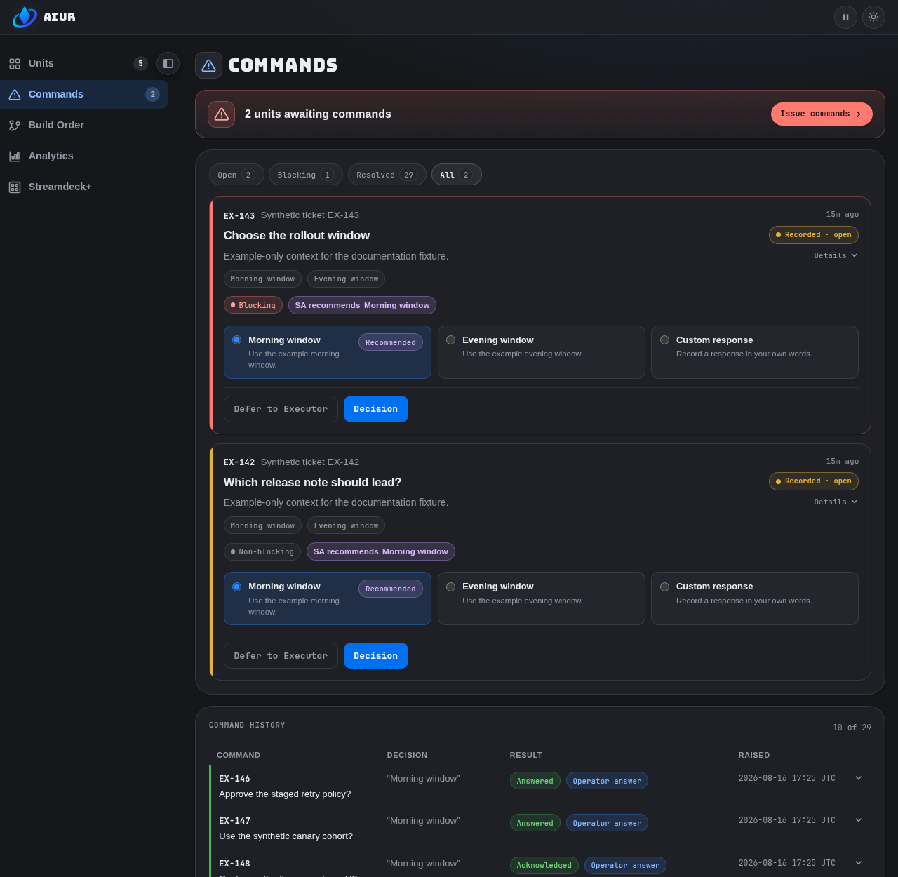 Desktop Commands decision inbox populated with synthetic decisions