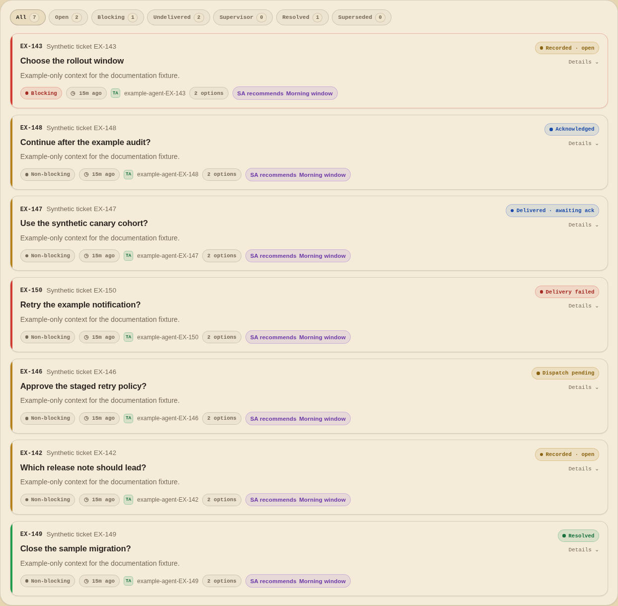 Decision inbox populated with synthetic decisions in several lifecycle states