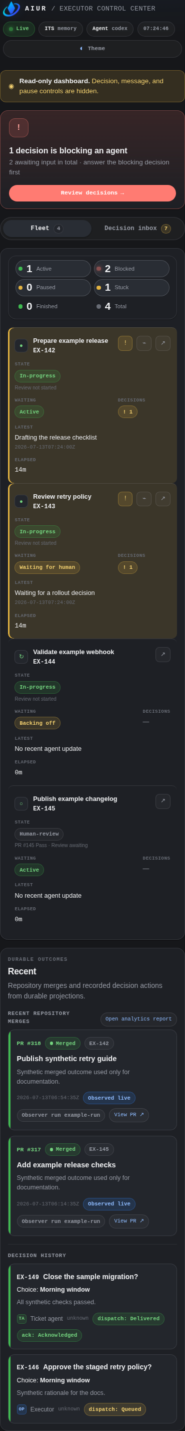 Executor Control Center overview at a mobile viewport