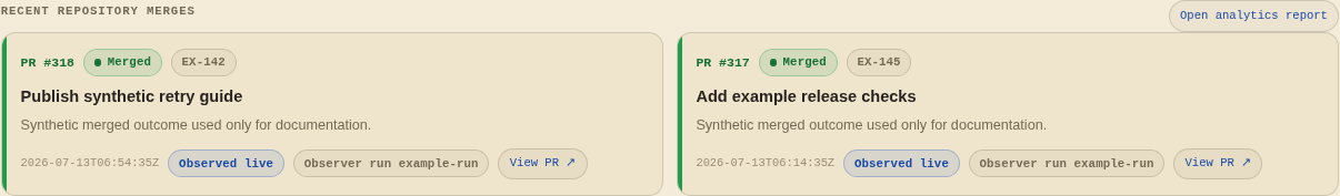 Synthetic recent repository merge outcomes
