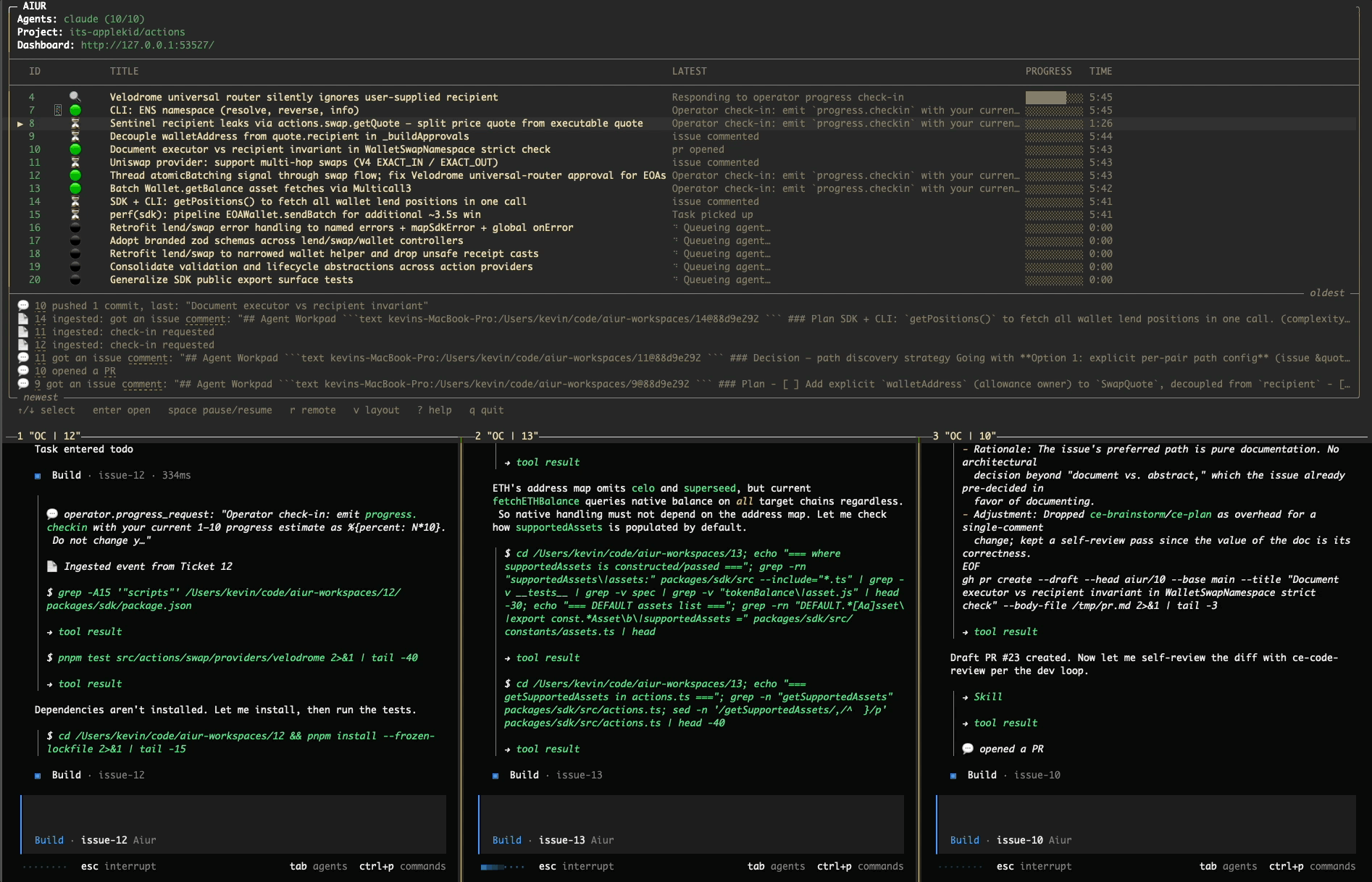 The Aiur TUI: the agent-list board and a chat pane